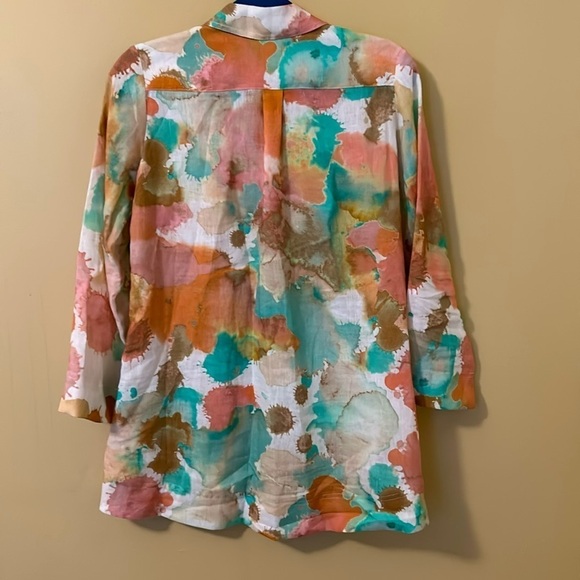 I Linen 100% Linen Top 3/4 Sleeve White and Multicolor Button Shirt Size S - Picture 5 of 5